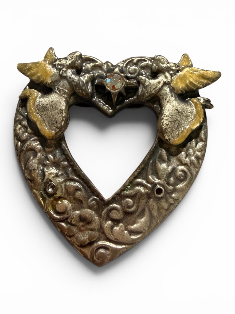 Vintage Inspired Heart Brooch with Dove Motif in Gold and Silver